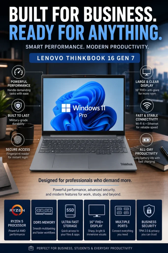 Lenovo ThinkBook 16 Gen 7 laptop with Ryzen 5 processor and large 16-inch display.
