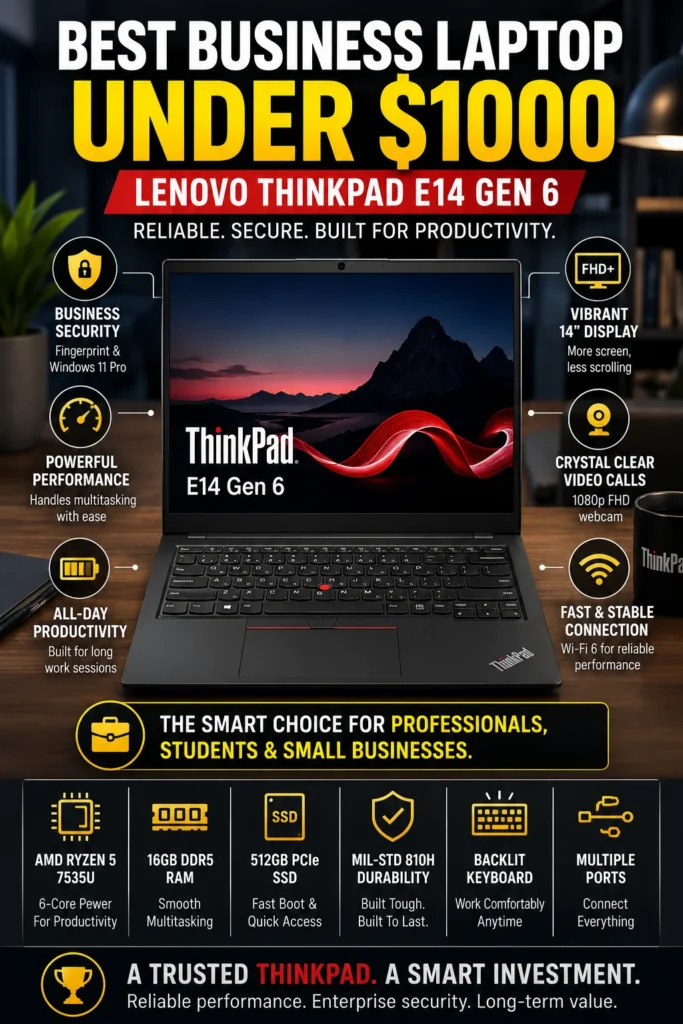 Lenovo ThinkPad E14 Gen 6 business laptop with Ryzen 5 processor, 16GB DDR5 RAM and Windows 11 Pro.