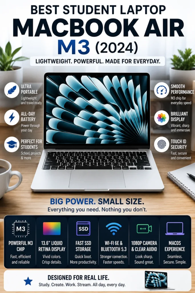 Apple MacBook Air 13-inch M3 laptop with 8GB RAM for affordable student use