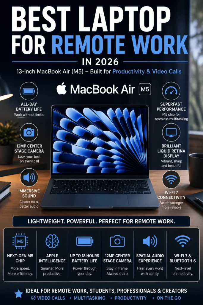 Apple MacBook Air M5 laptop for remote work productivity video calls and business use in 2026.