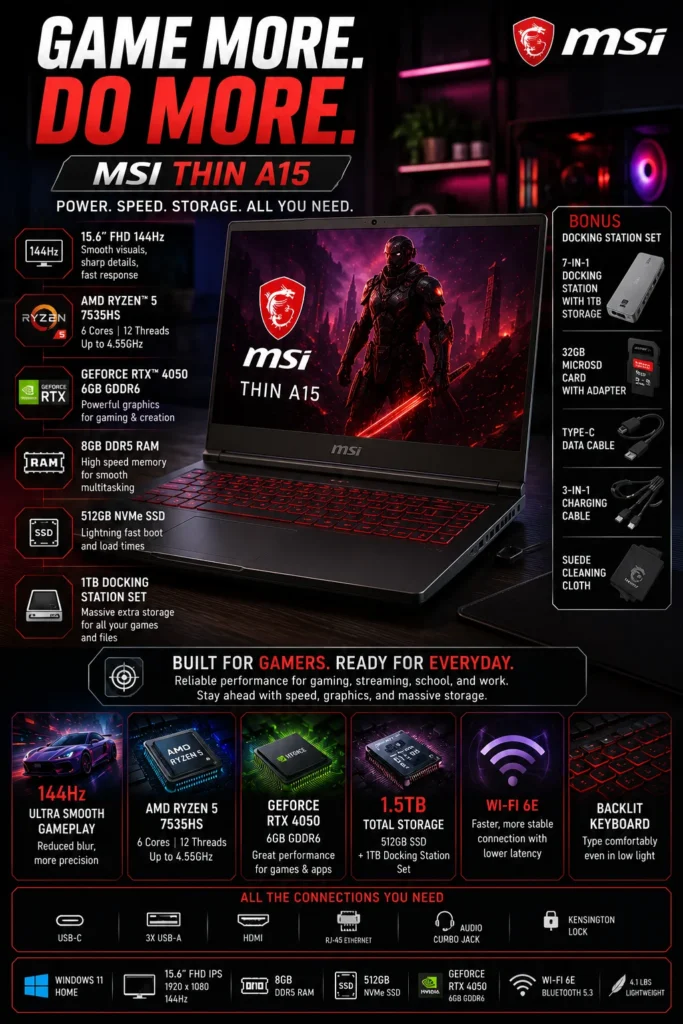 MSI Thin A15 gaming laptop with Ryzen 5 processor and RTX 4050 graphics
