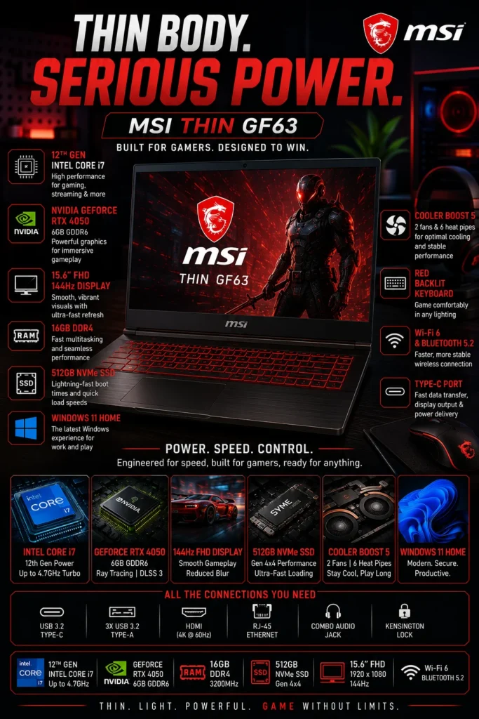 MSI Thin GF63 gaming laptop featuring Intel Core i7 processor and RTX 4050 graphics