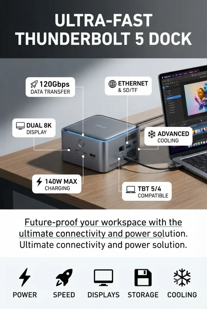 Anker Prime Thunderbolt 5 docking station with 14 ports, 140W charging, and dual 8K display support.