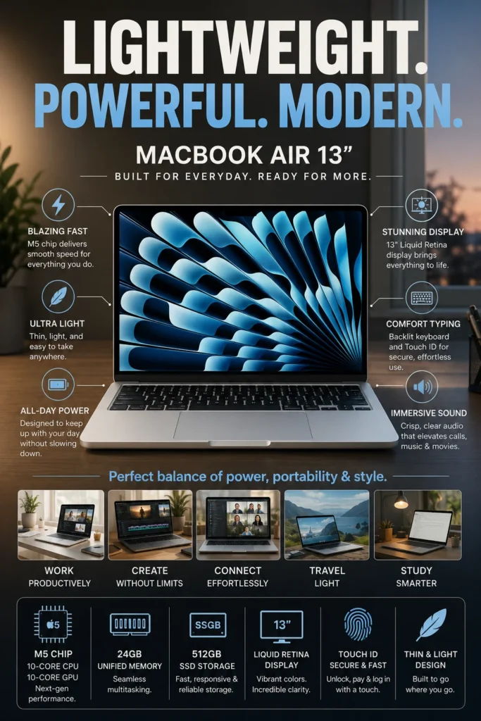 Apple MacBook Air 13-inch with Apple M5 processor, 24GB unified memory and 512GB SSD in Silver.