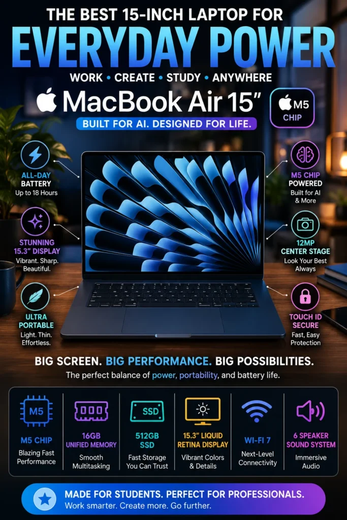 Apple MacBook Air 15-inch powered by the M5 chip with 16GB unified memory and 512GB SSD in Midnight.