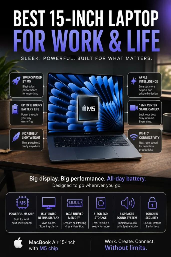 Apple MacBook Air 15-inch with M5 chip for business productivity, remote work, and everyday professional use.