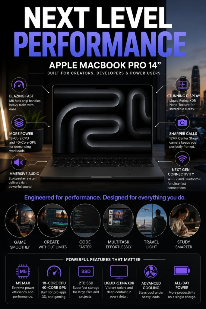 Apple MacBook Pro 14-inch with M5 Max chip, Nano-Texture display, 64GB memory and 2TB SSD.