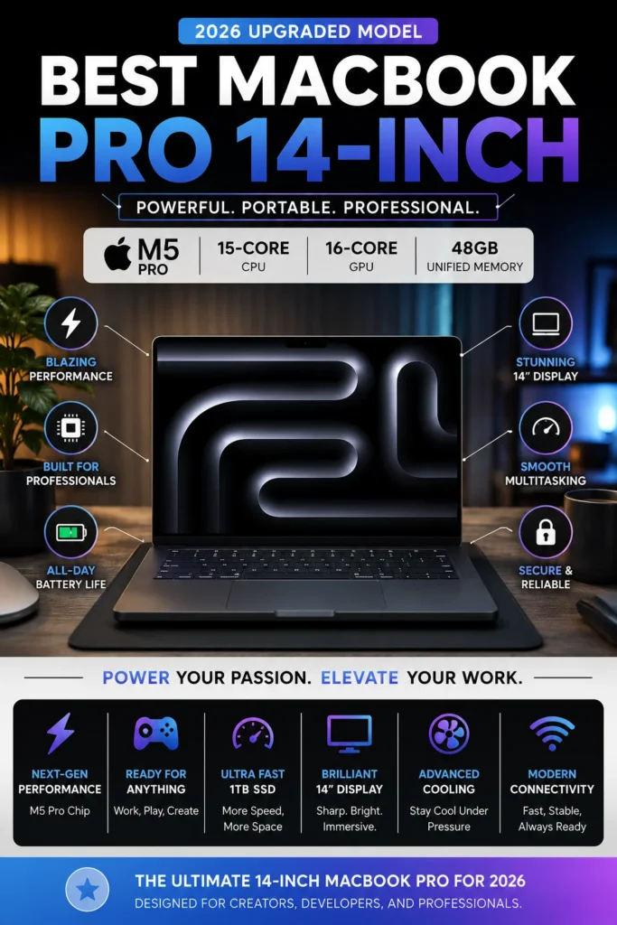 Apple MacBook Pro 14-inch with M5 Pro chip, 48GB unified memory and 1TB SSD in Space Black for professional workflows and AI tasks.