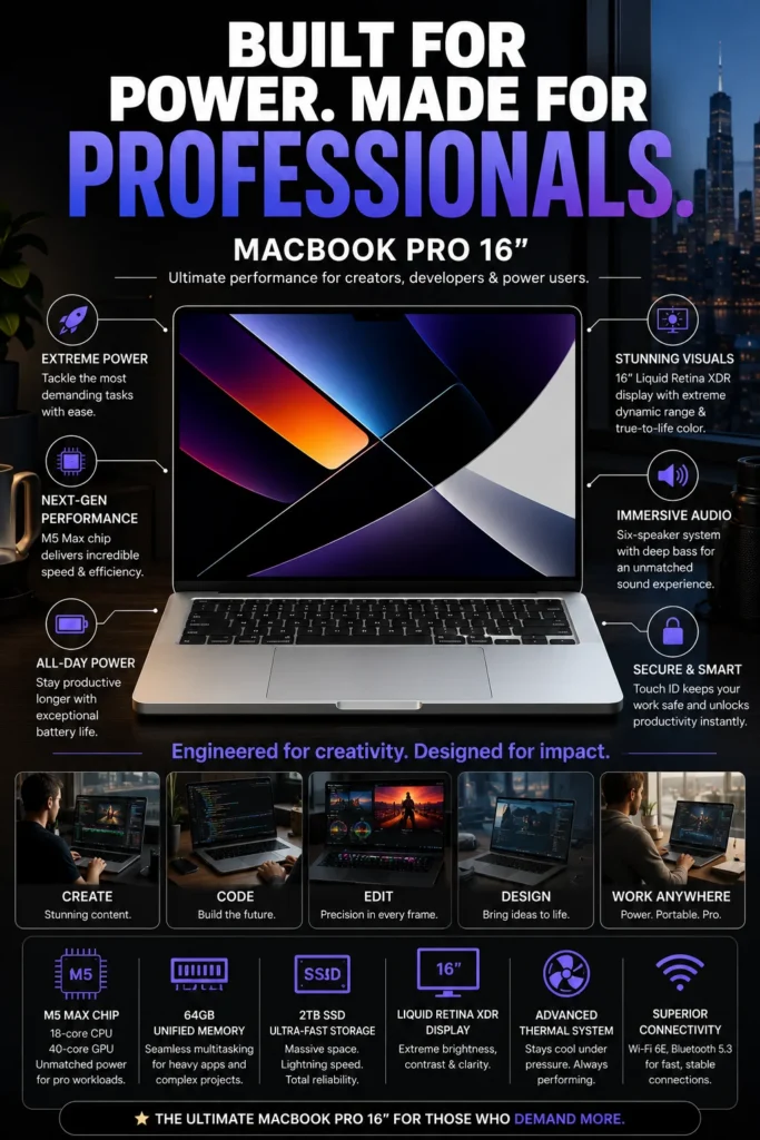 Apple MacBook Pro 16-inch with M5 Max chip, 64GB unified memory and 2TB SSD for professional creators.