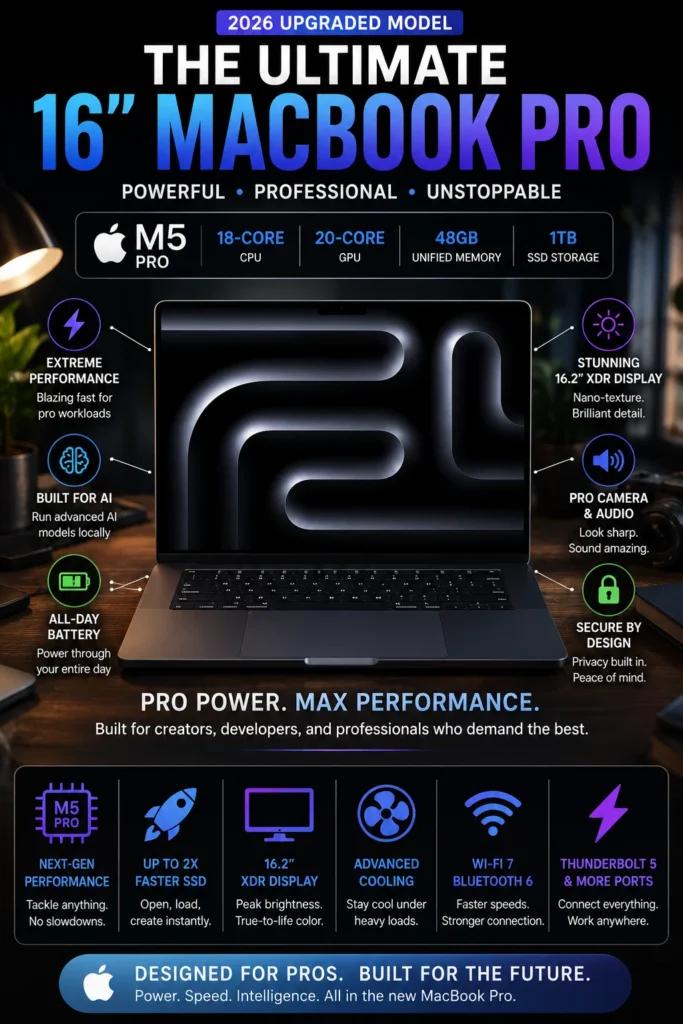 Apple MacBook Pro 16-inch featuring the M5 Pro chip, Nano-Texture display, 48GB memory and 1TB SSD.