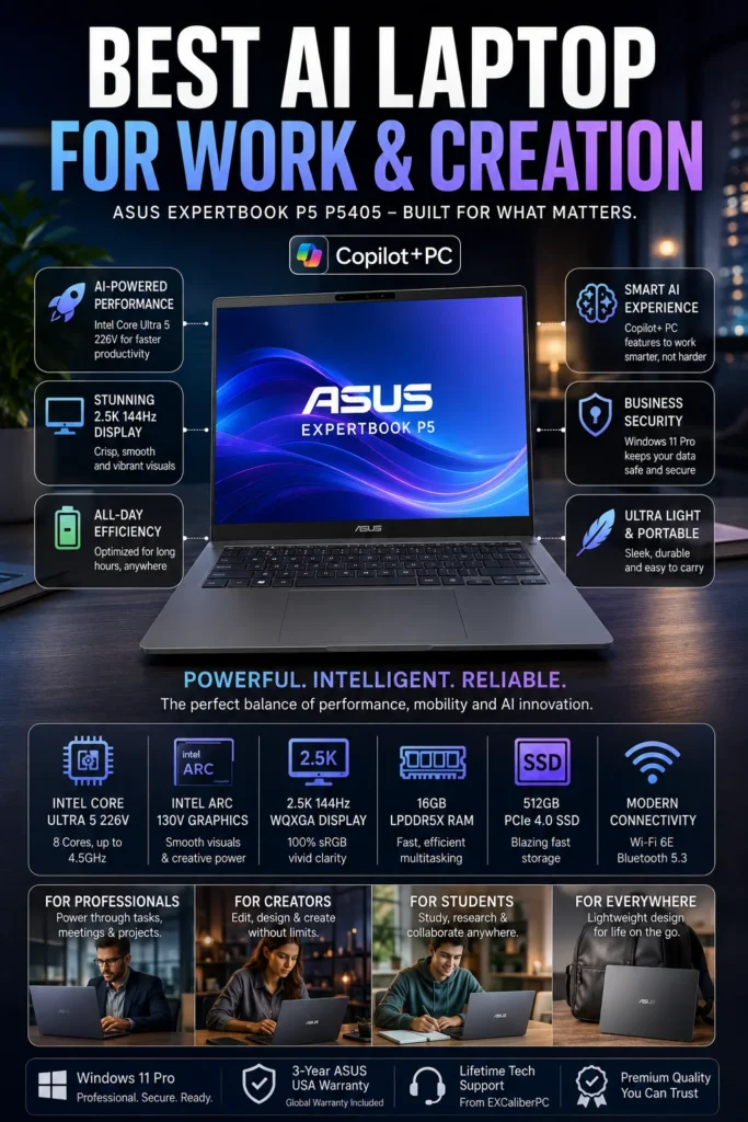 ASUS ExpertBook P5 business laptop powered by Intel Core Ultra processor with AI capabilities.