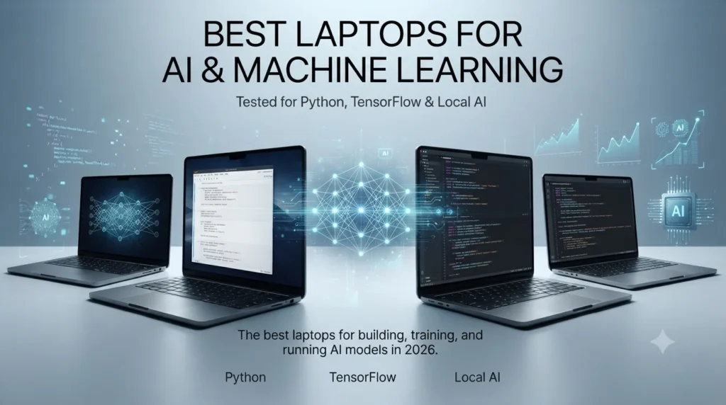 Best AI and machine learning laptops in 2026 featuring RTX 5090, RTX 5080, RTX 5070, Intel Core Ultra and Ryzen AI processors for Python, TensorFlow and local LLM development.