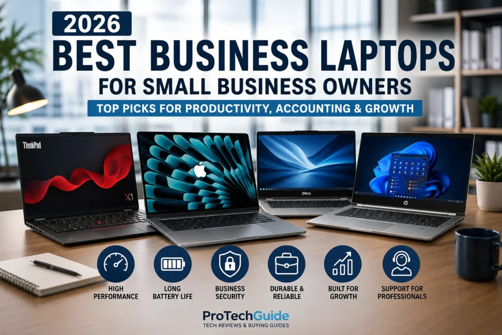 Best business laptops for small business owners in 2026 featuring Lenovo ThinkPad, MacBook Air, Dell Latitude, ASUS ExpertBook, Microsoft Surface Laptop, HP EliteBook, and ThinkPad T14.