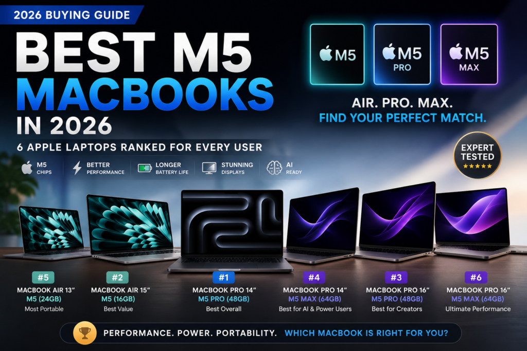 Best MacBooks in 2026 featuring M5 MacBook Pro and MacBook Air models ranked for performance, portability, battery life, and professional workloads.