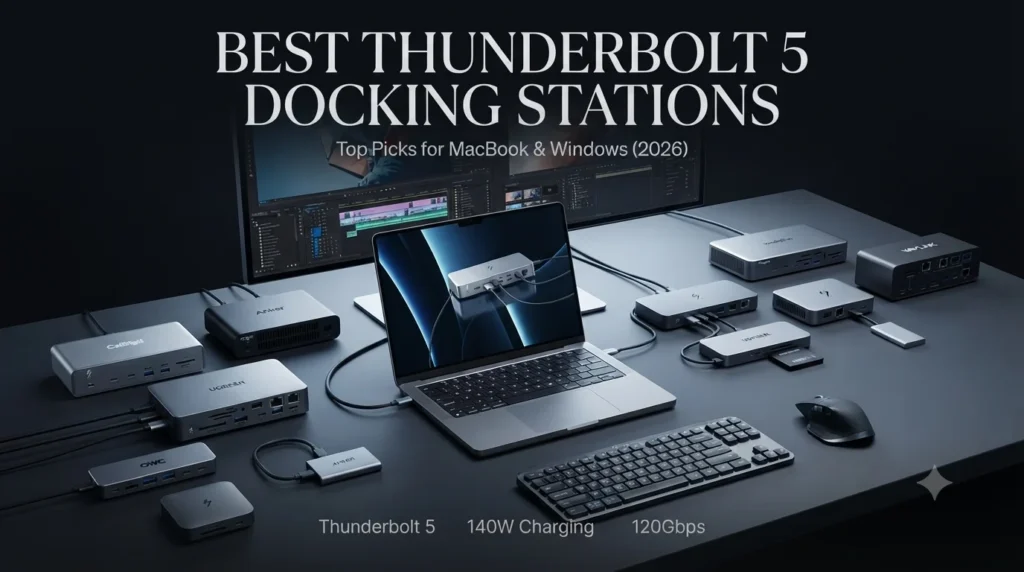 The best Thunderbolt 5 docking stations in 2026 including CalDigit, Anker, UGREEN, OWC, Plugable, Kensington, and WAVLINK.