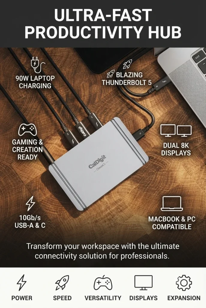 CalDigit E5 Thunderbolt 5 Element Hub with 9 ports, 90W charging, and Thunderbolt 5 connectivity.