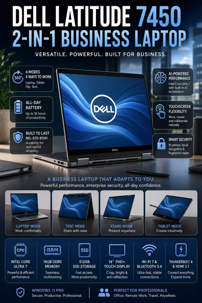Dell Latitude 7450 2-in-1 convertible business laptop with touchscreen and enterprise security features.