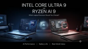 Intel Core Ultra 9 vs AMD Ryzen AI 9 laptop processor comparison showing the best AI laptops of 2026