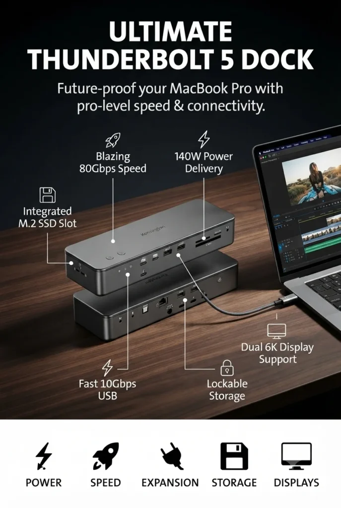 Kensington EQ Pro Thunderbolt 5 docking station with integrated PCIe SSD slot and 19 ports.