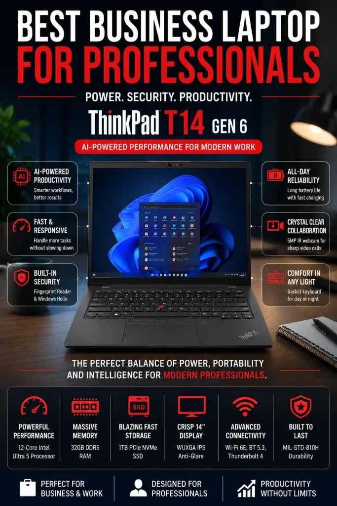 Lenovo ThinkPad T14 Gen 6 AI business laptop with Intel Core Ultra processor, 32GB RAM, and enterprise features.