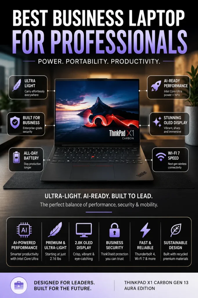 Lenovo ThinkPad X1 Carbon Gen 13 Aura business laptop with Intel Core Ultra processor for professionals and enterprise users.