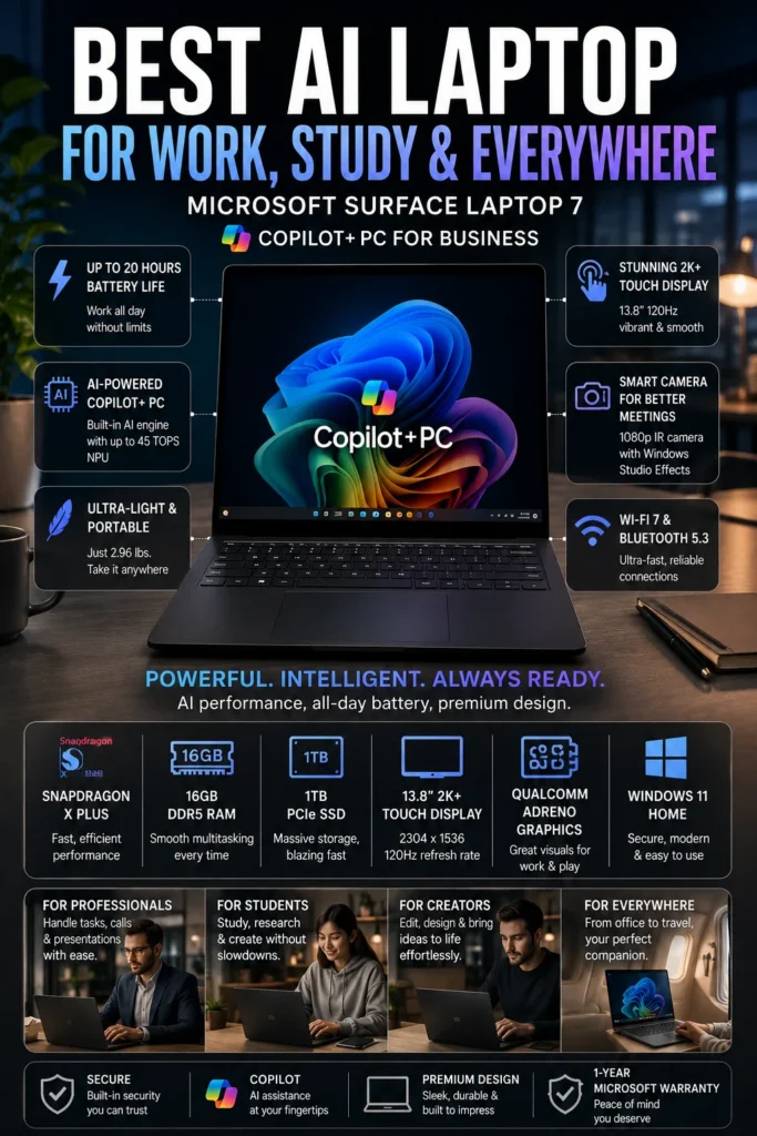 Microsoft Surface Laptop 7 Copilot+ AI business laptop with Snapdragon X Plus processor and touchscreen display.