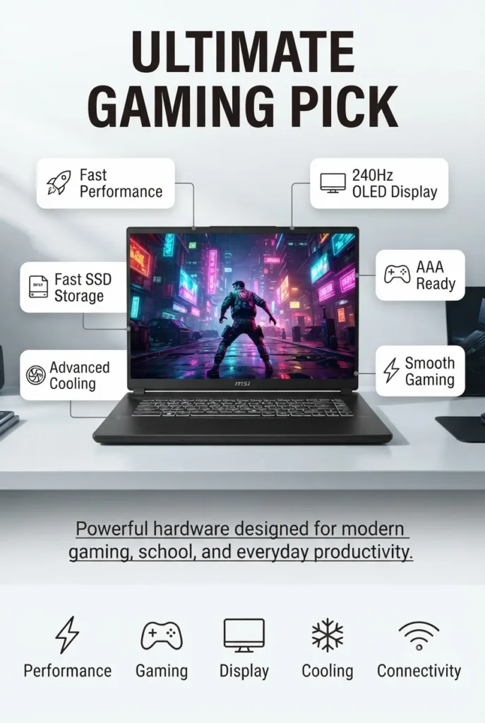 MSI Stealth A16 AI Plus OLED gaming laptop with RTX graphics and 240Hz display