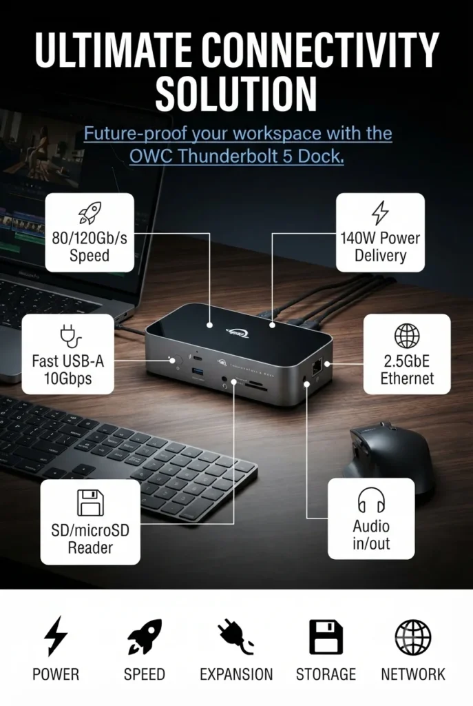 OWC Thunderbolt 5 Dock with 11 ports, 140W Power Delivery, and SD card readers.