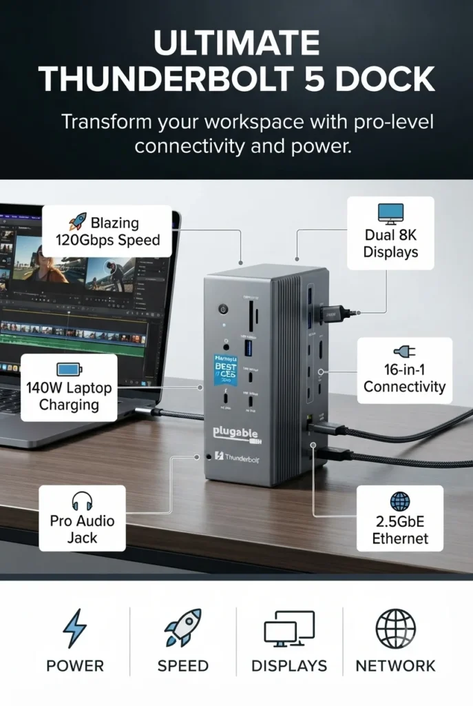 Plugable Thunderbolt 5 docking station with dual HDMI 2.1, 140W charging, and 16-in-1 connectivity.