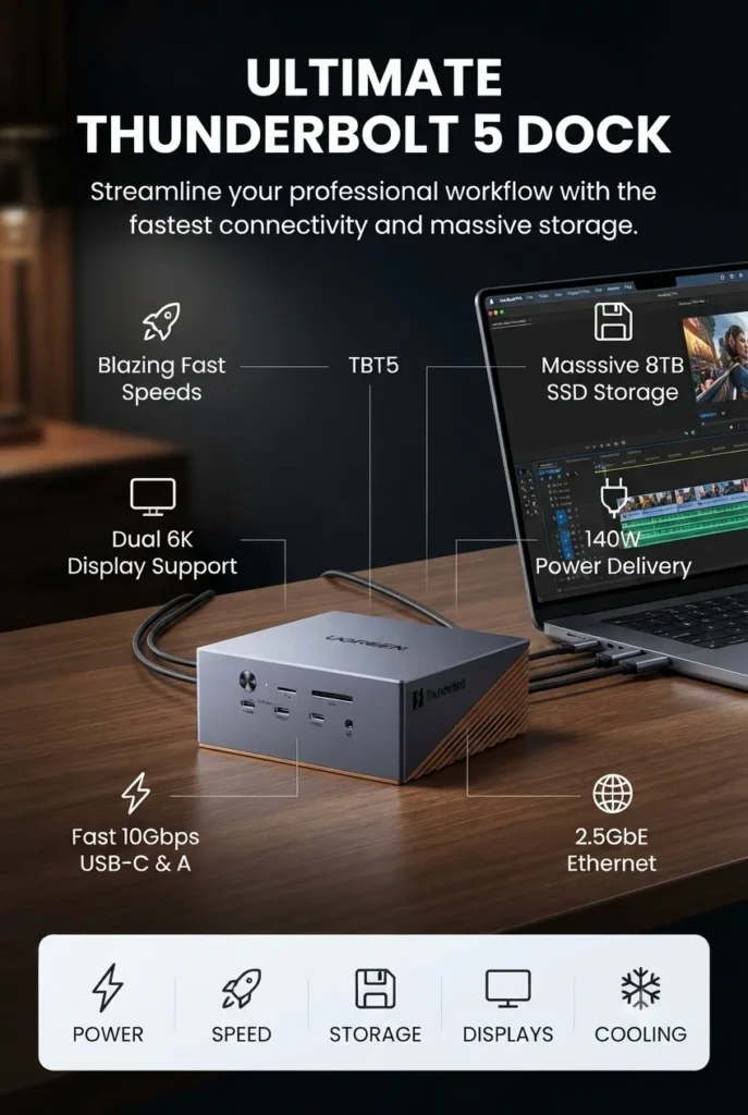 UGREEN Maxidok Thunderbolt 5 docking station with integrated M.2 SSD expansion and 17 ports.