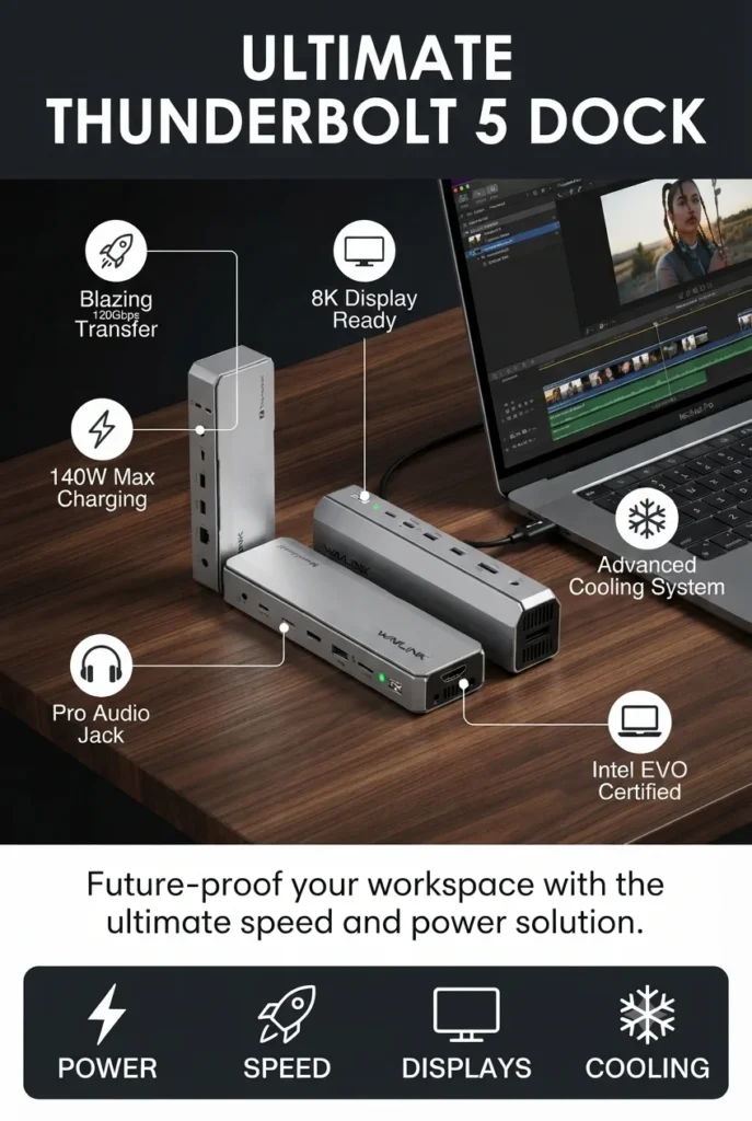 WAVLINK Thunderbolt 5 docking station with 120Gbps bandwidth, 140W charging, and triple display support.