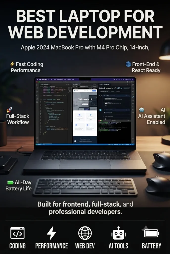 Apple MacBook Pro M4 Pro laptop recommended as the best overall web development laptop in 2026