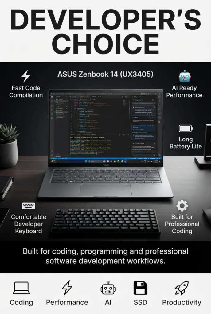 ASUS Zenbook 14 OLED touchscreen laptop with Intel Core Ultra processor for coding in 2026