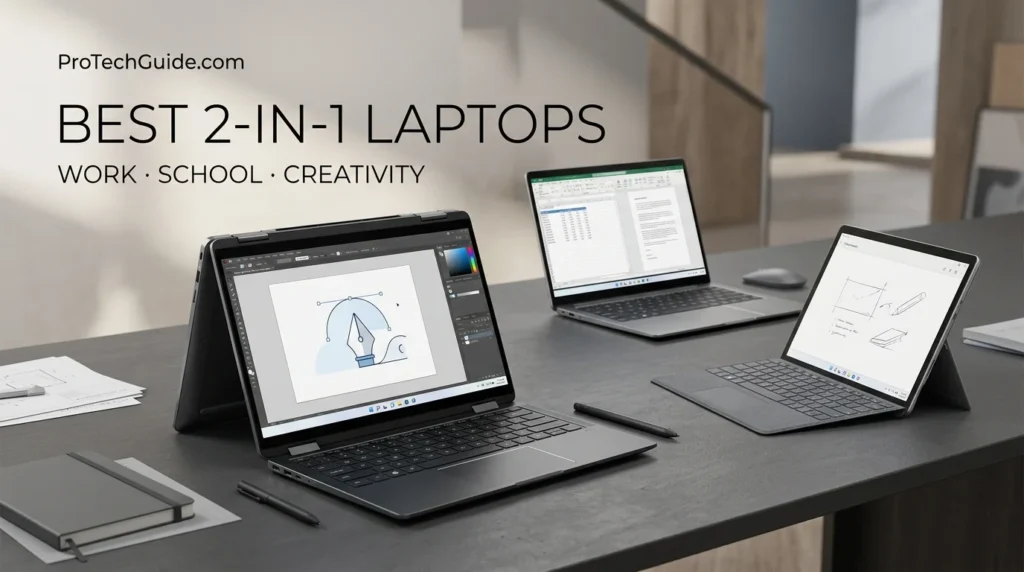 A collection of convertible 2-in-1 laptops with touchscreen displays and versatile designs for productivity, education, and creative work