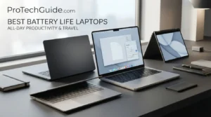 A selection of laptops designed for long battery life, all-day productivity, and portable computing