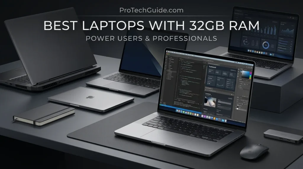 Professional laptop lineup representing 32GB RAM laptops for productivity, programming, creative work, and demanding multitasking