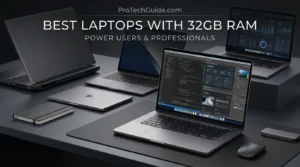 Professional laptop lineup representing 32GB RAM laptops for productivity, programming, creative work, and demanding multitasking